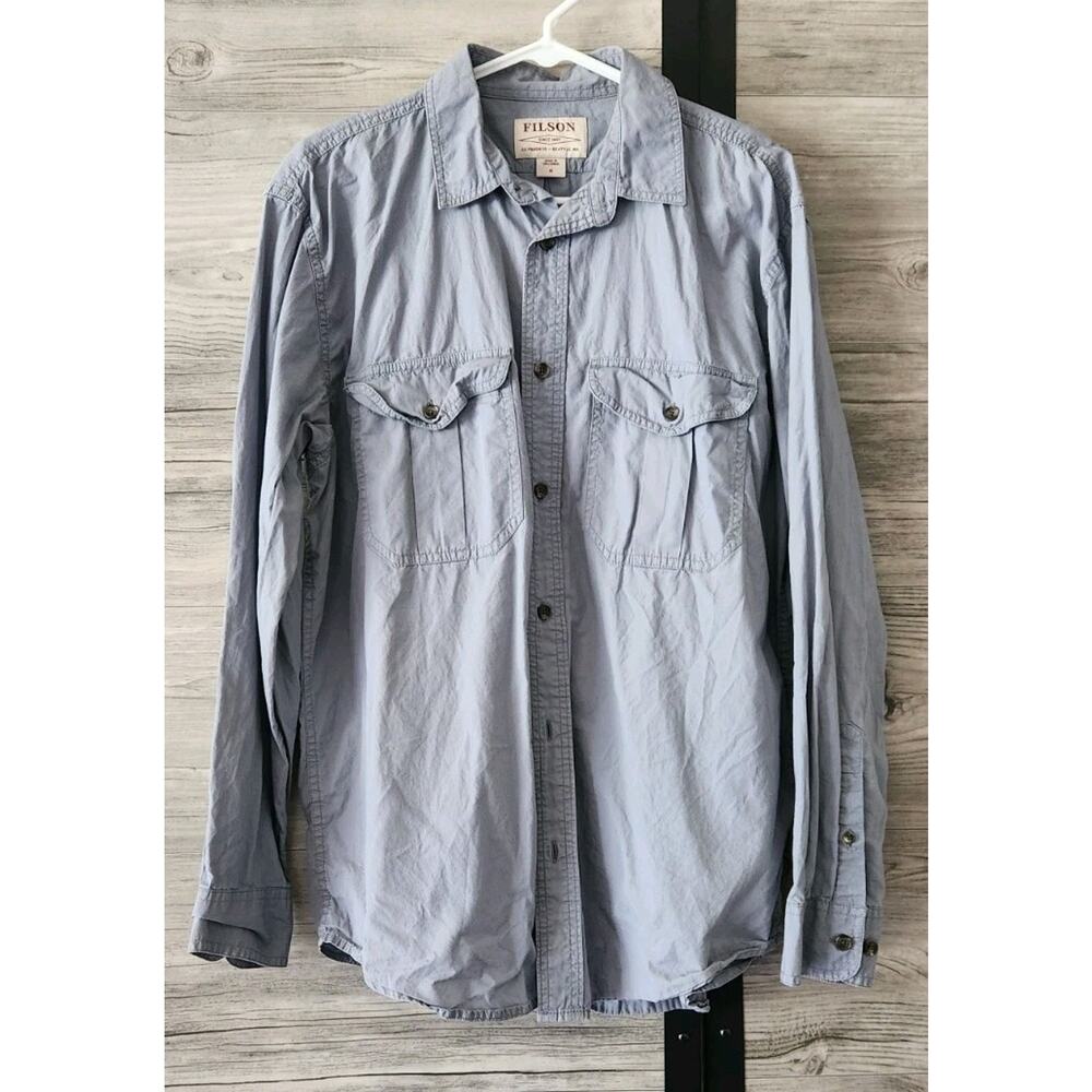 FILSON Shirt Mens Medium Blue Double Pockets Button Front Long Sleeve